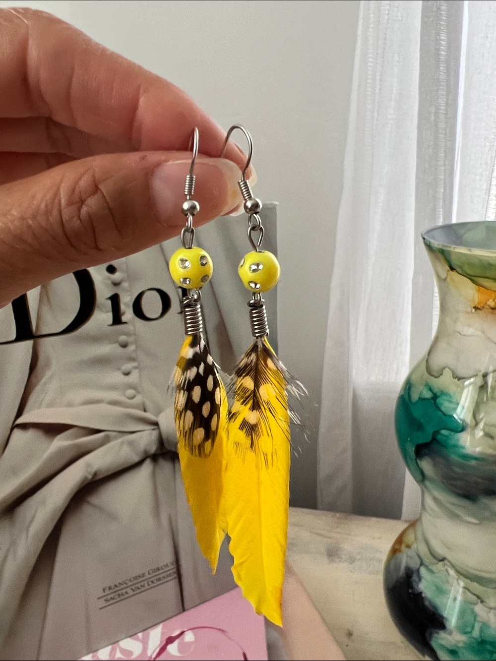 Yellow Feather Drop Earrings.